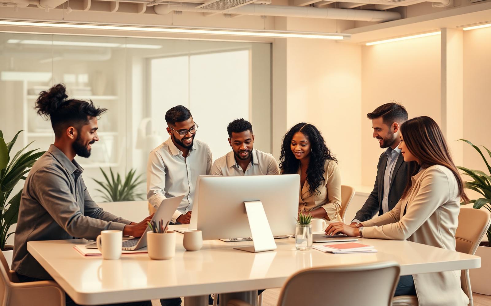 A diverse marketing team collaborating in a warm, light-filled studio